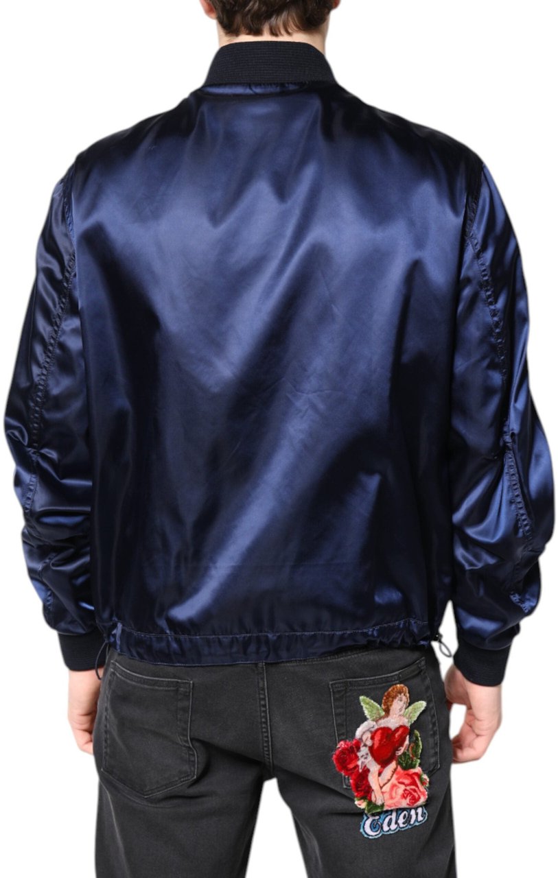 Dolce & Gabbana Blue Nylon DG Crown Full Zip Bomber Jacket Blauw