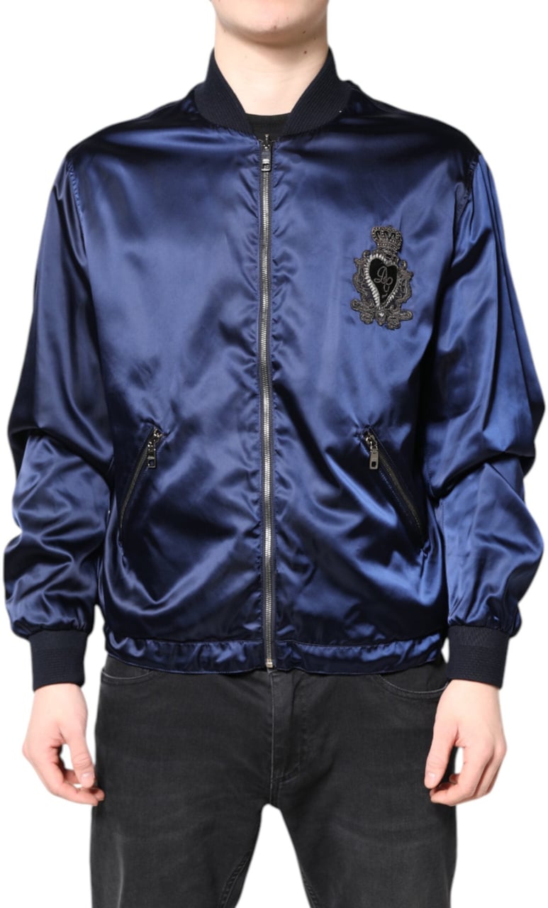 Dolce & Gabbana Blue Nylon DG Crown Full Zip Bomber Jacket Blauw
