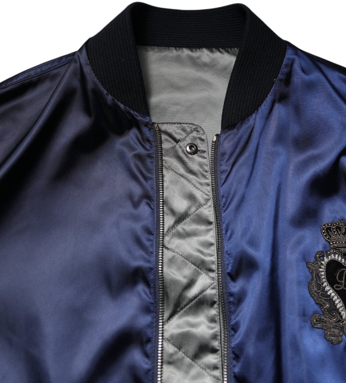 Dolce & Gabbana Blue Nylon DG Crown Full Zip Bomber Jacket Blauw