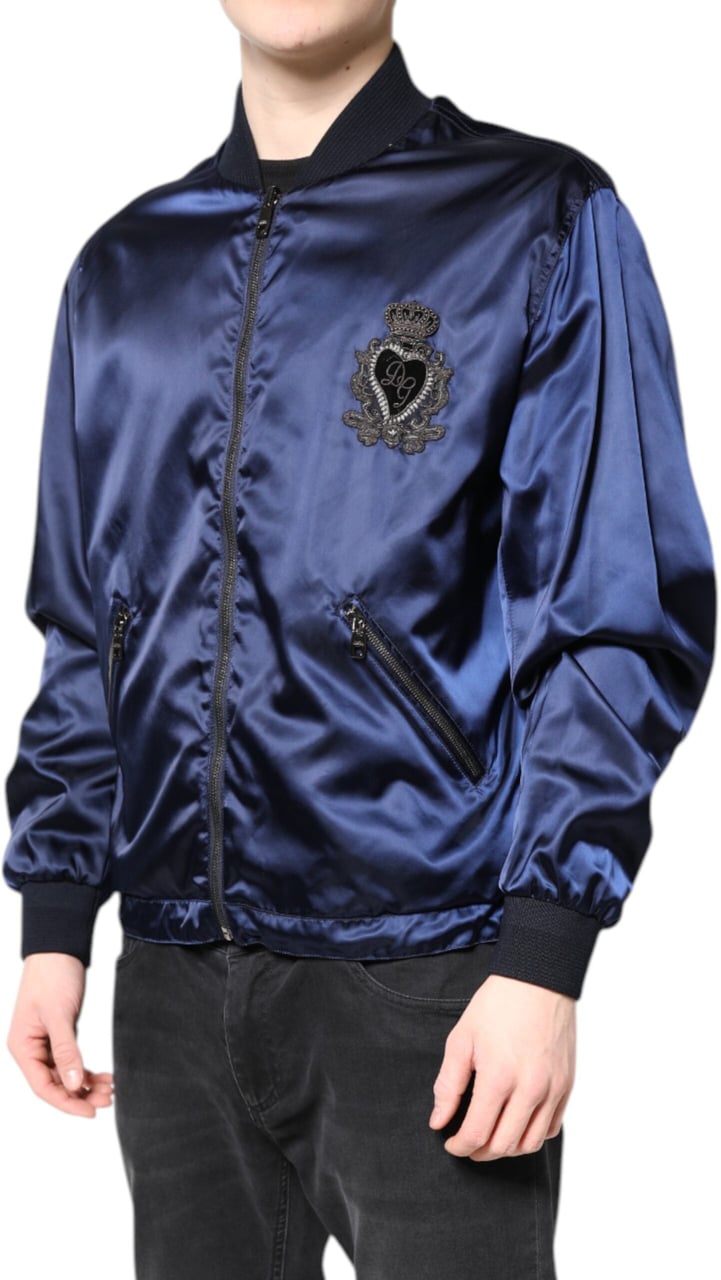 Dolce & Gabbana Blue Nylon DG Crown Full Zip Bomber Jacket Blauw