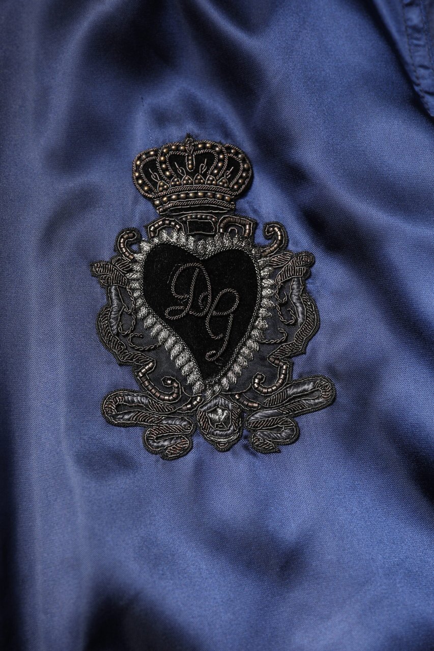 Dolce & Gabbana Blue Nylon DG Crown Full Zip Bomber Jacket Blauw