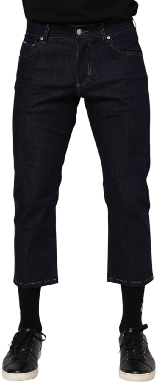 Dolce & Gabbana Dark Blue Cotton Logo Slim Fit Men Denim Jeans Blauw
