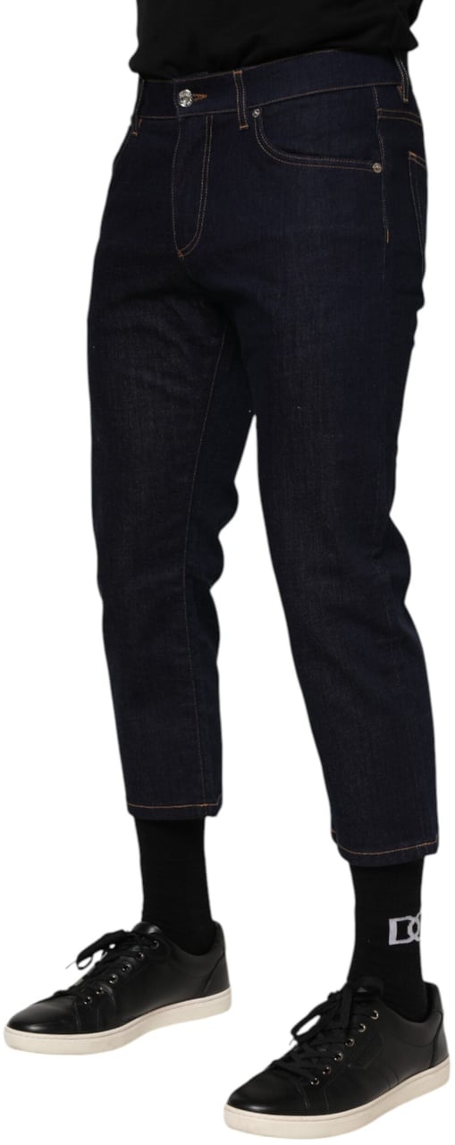 Dolce & Gabbana Dark Blue Cotton Logo Slim Fit Men Denim Jeans Blauw