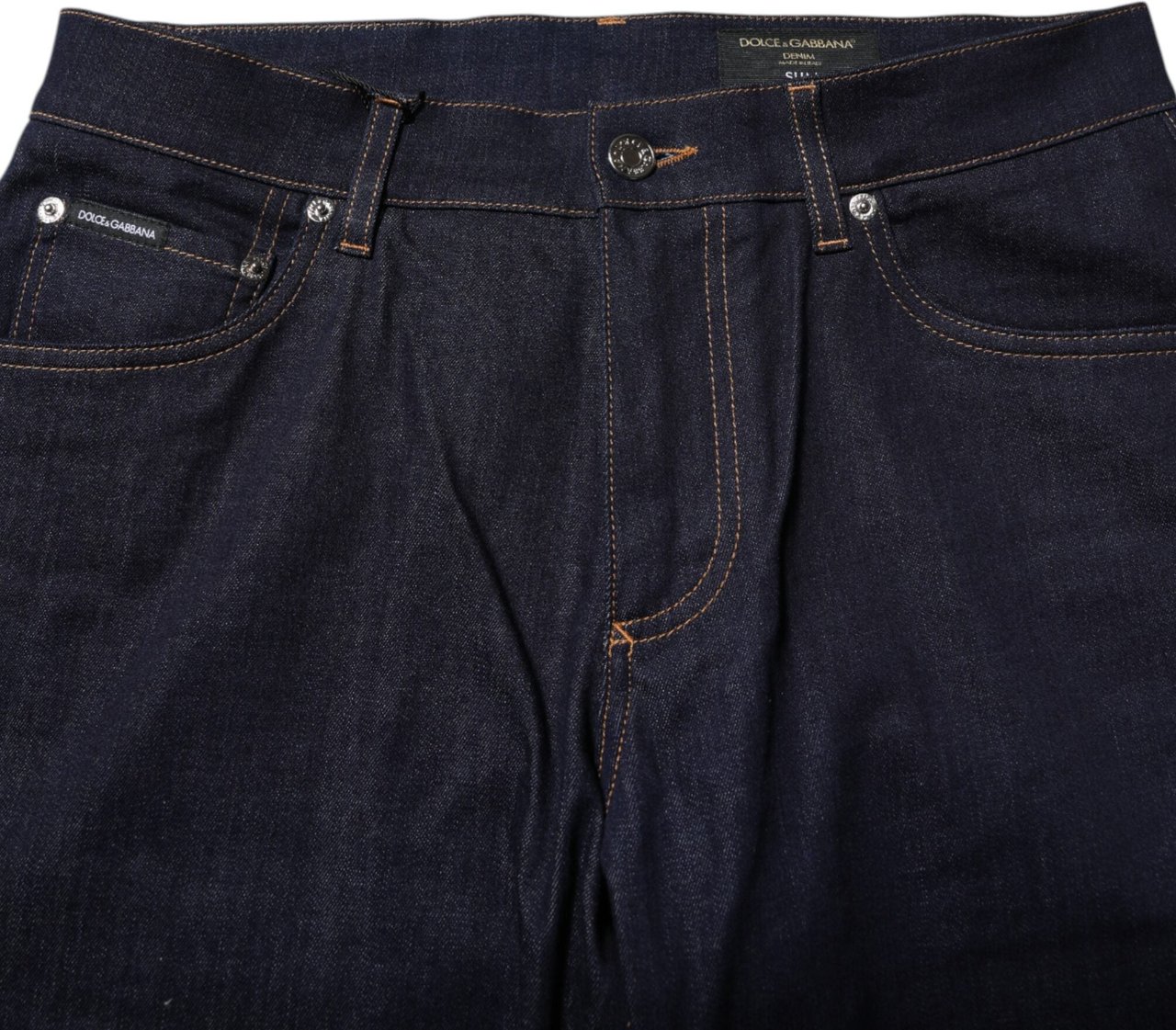 Dolce & Gabbana Dark Blue Cotton Logo Slim Fit Men Denim Jeans Blauw