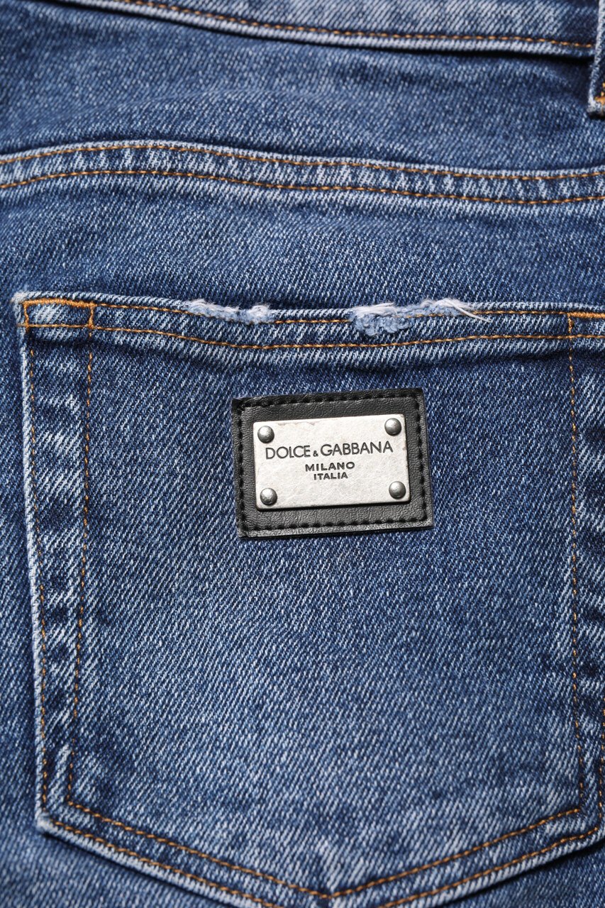 Dolce & Gabbana Blue Cotton Logo Plaque Skinny Men Denim Jeans Blauw