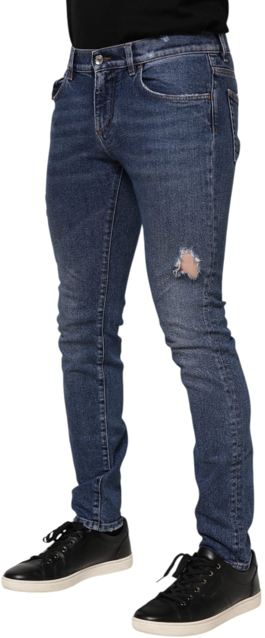 Dolce & Gabbana Blue Cotton Logo Plaque Skinny Men Denim Jeans Blauw