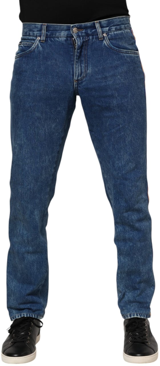 Dolce & Gabbana Blue Cotton Logo Plaque Denim Jeans Blauw