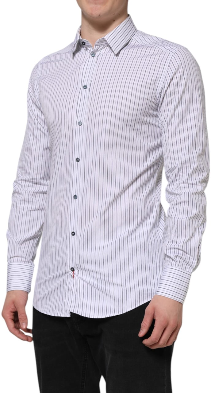 Dolce & Gabbana White Blue Striped Cotton GOLD Formal Shirt Divers