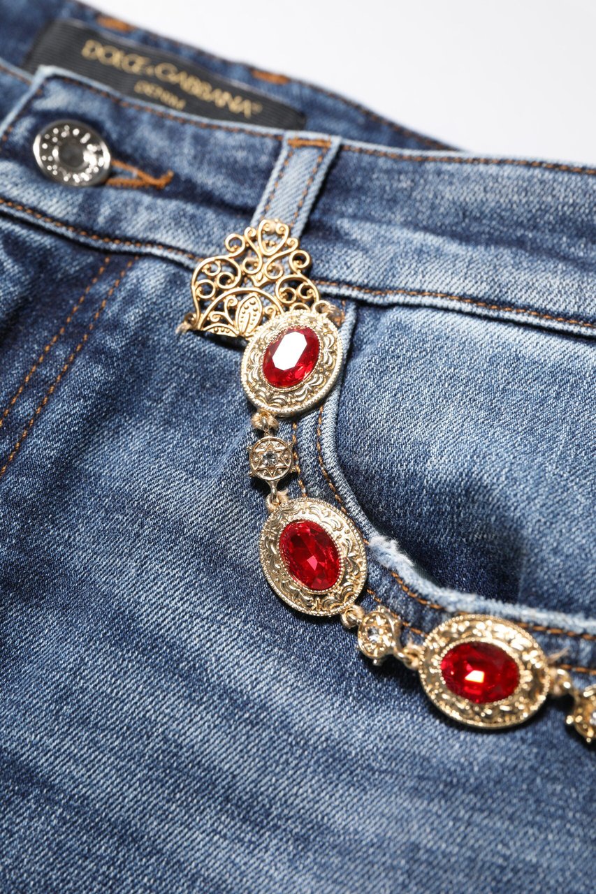 Dolce & Gabbana Blue Rhinestone Embellished Denim Jeans Blauw