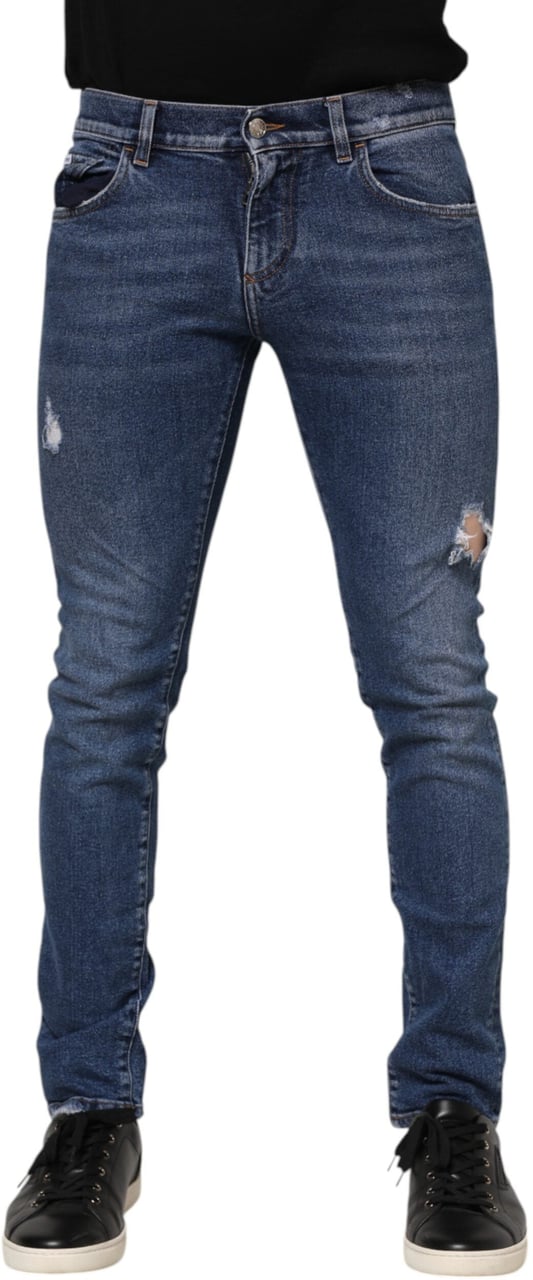 Dolce & Gabbana Blue Washed Skinny Cotton Tattered Denim Jeans Lichtblauw