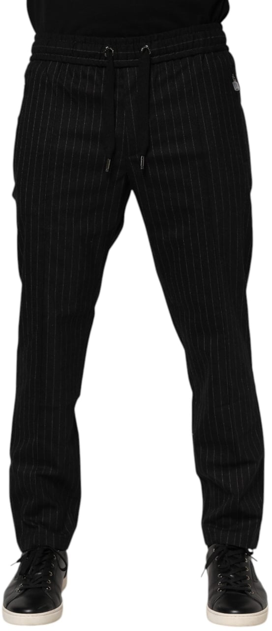 Dolce & Gabbana Black Striped Wool Men Jogger Pants Zwart