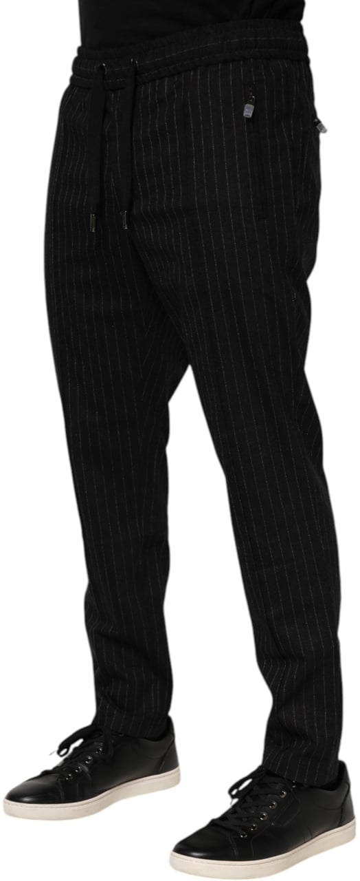 Dolce & Gabbana Black Striped Wool Men Jogger Pants Zwart