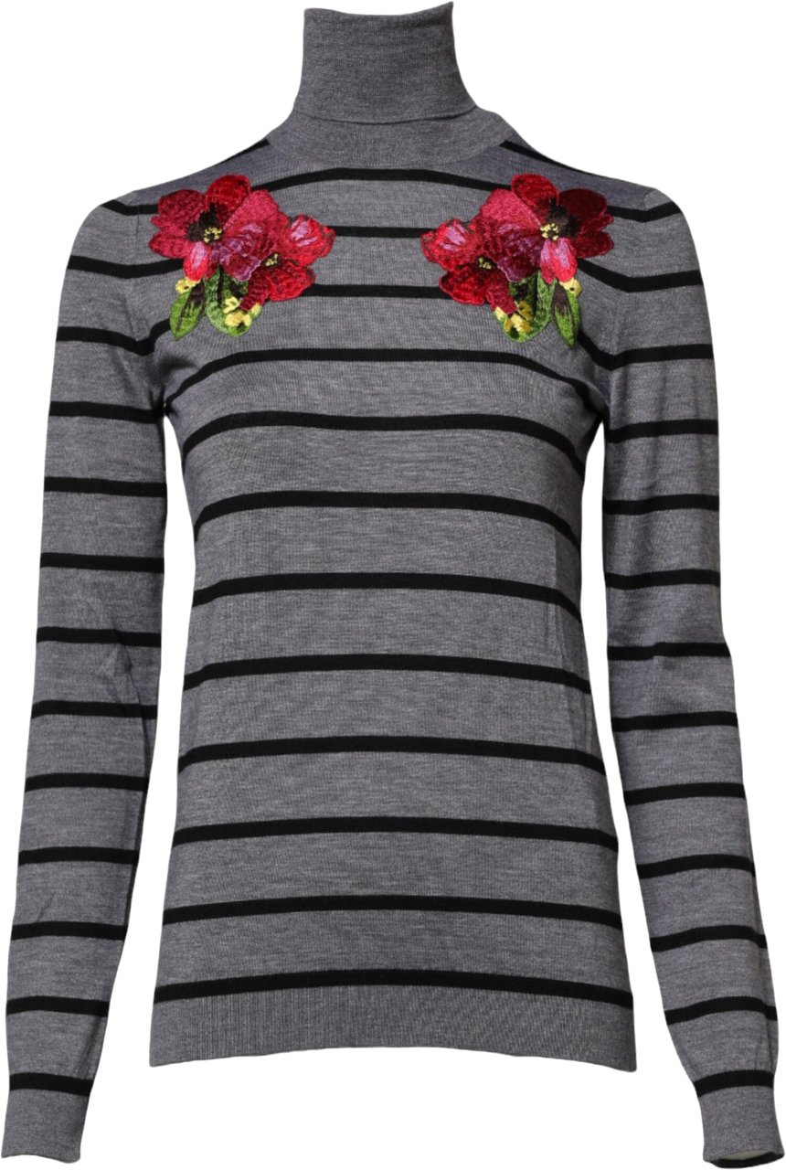 Dolce & Gabbana Gray Floral Embroidery Pullover Sweater Grijs