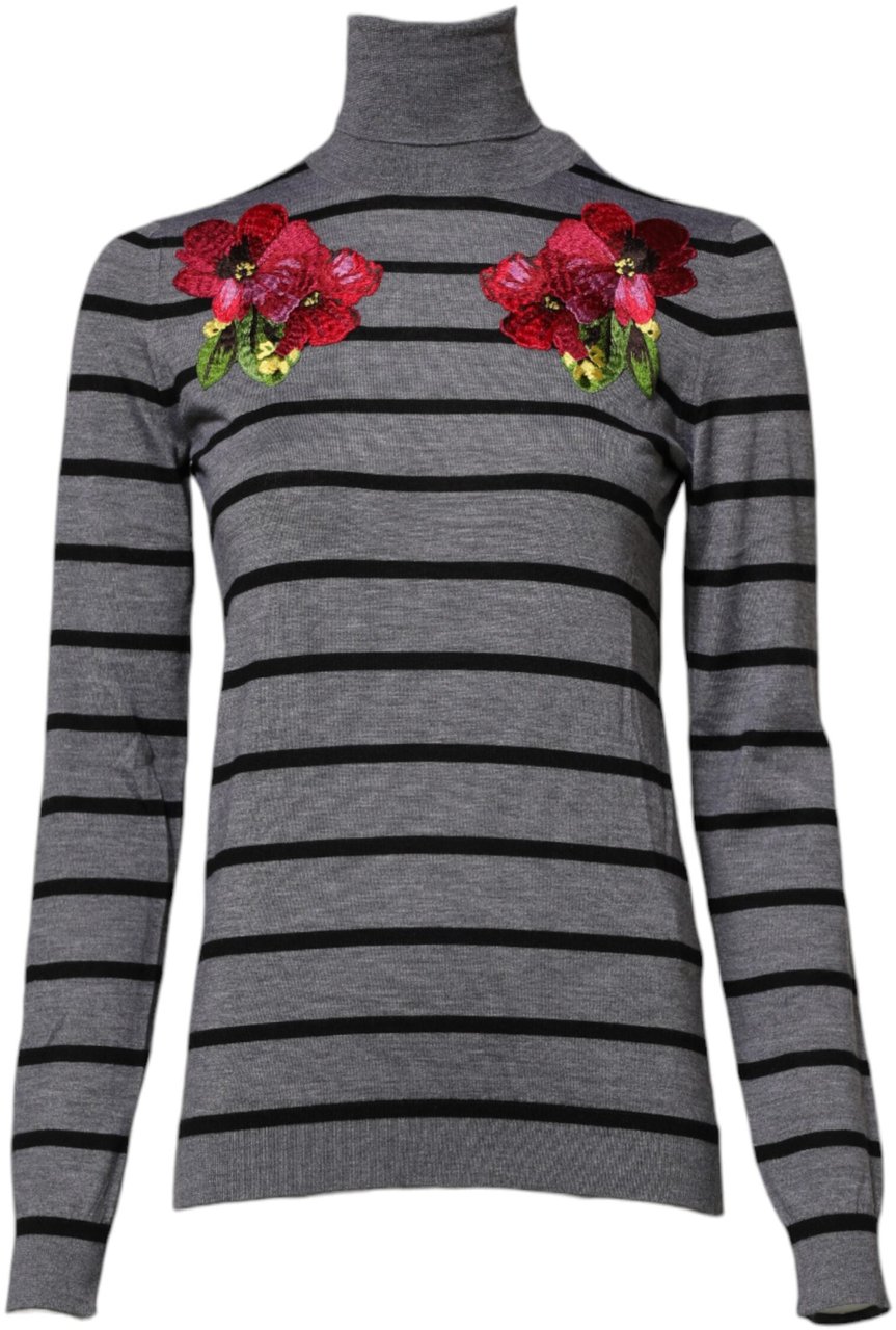 Dolce & Gabbana Gray Floral Embroidery Pullover Sweater Grijs