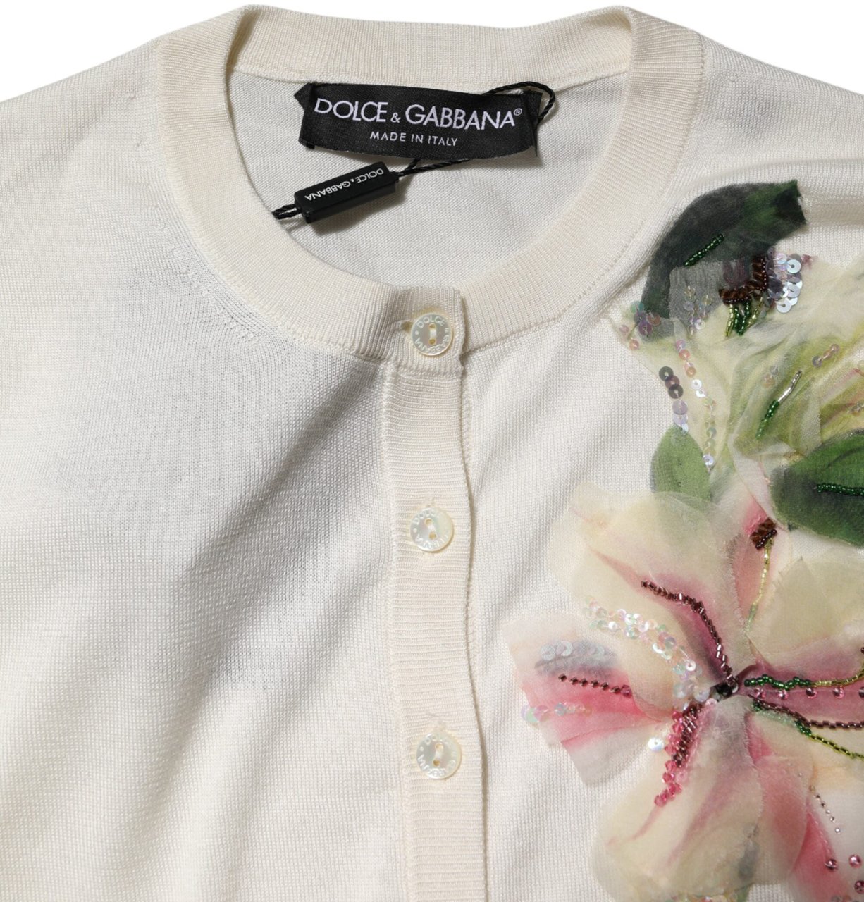 Dolce & Gabbana White Silk Lily Buttoned Cardigan Sweater Wit