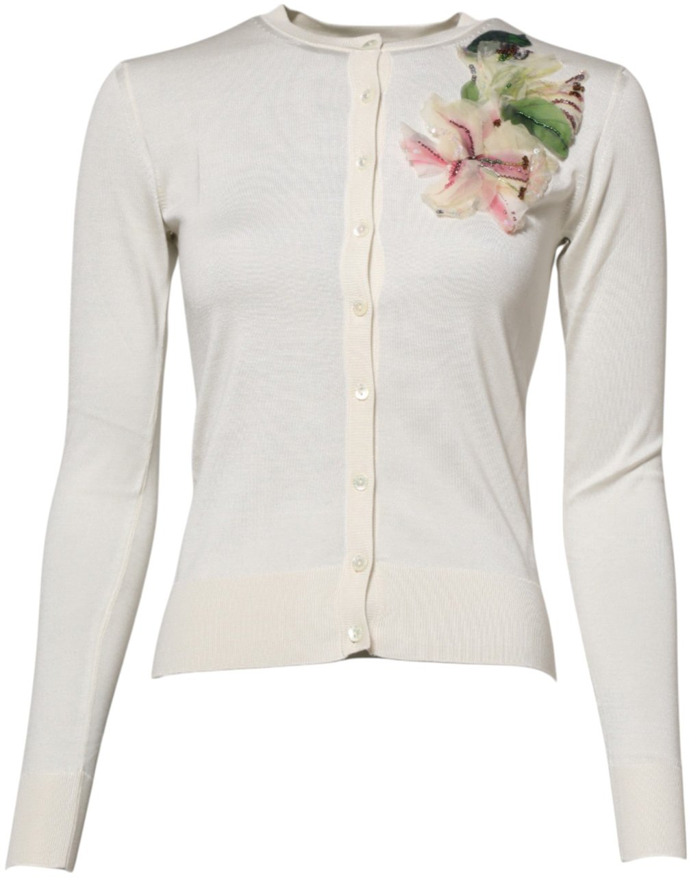 Dolce & Gabbana White Silk Lily Buttoned Cardigan Sweater Wit