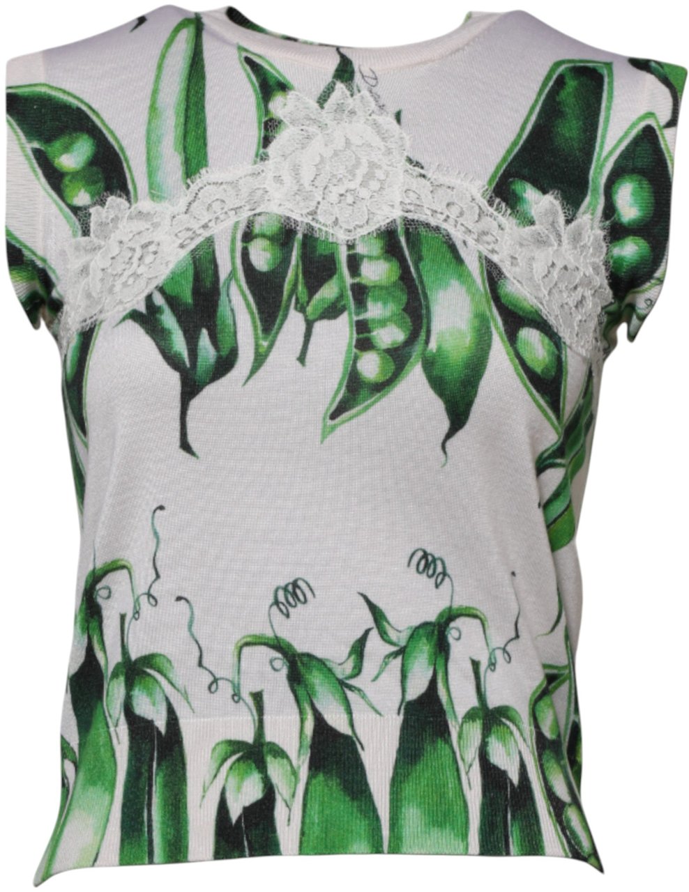 Dolce & Gabbana White Green Pea Print Sleeveless Blouse Top Wit