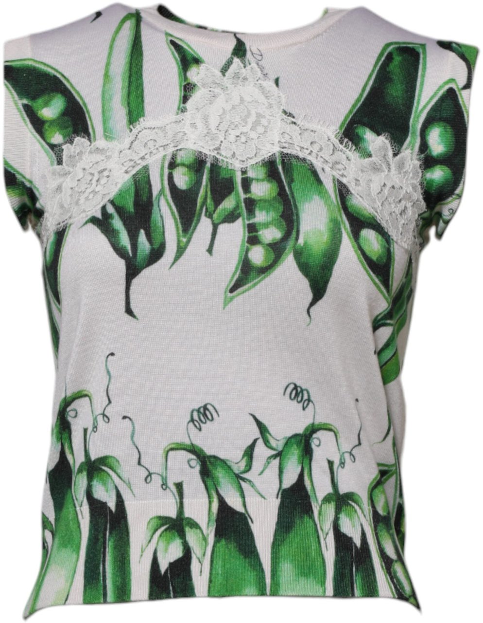 Dolce & Gabbana White Green Pea Print Sleeveless Blouse Top Wit