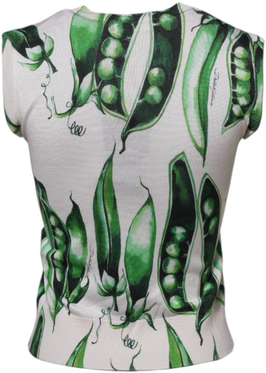 Dolce & Gabbana White Green Pea Print Sleeveless Blouse Top Wit