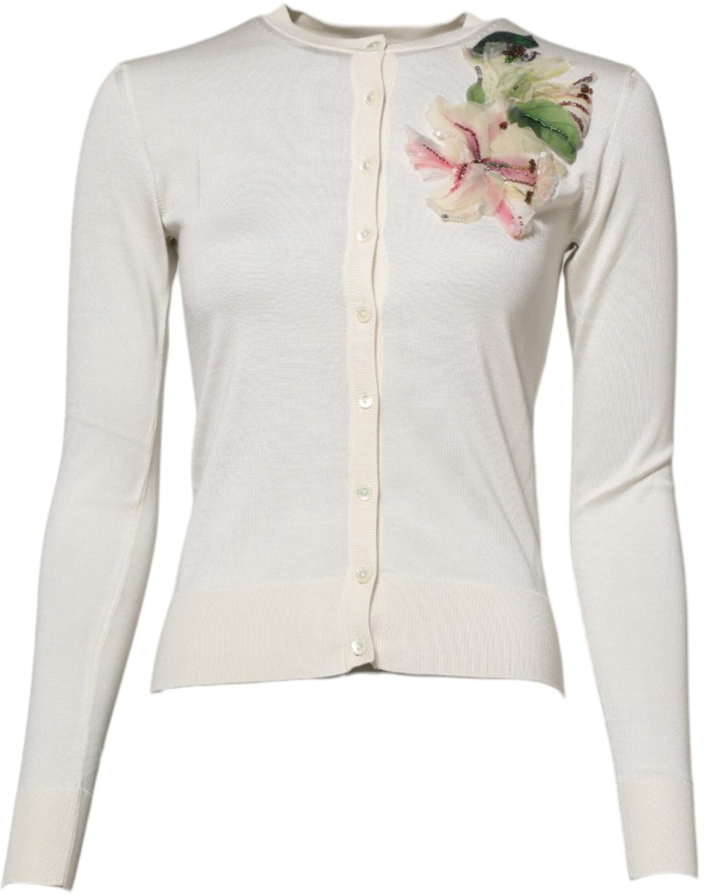Dolce & Gabbana White Silk Lily Embellished Cardigan Sweater Wit
