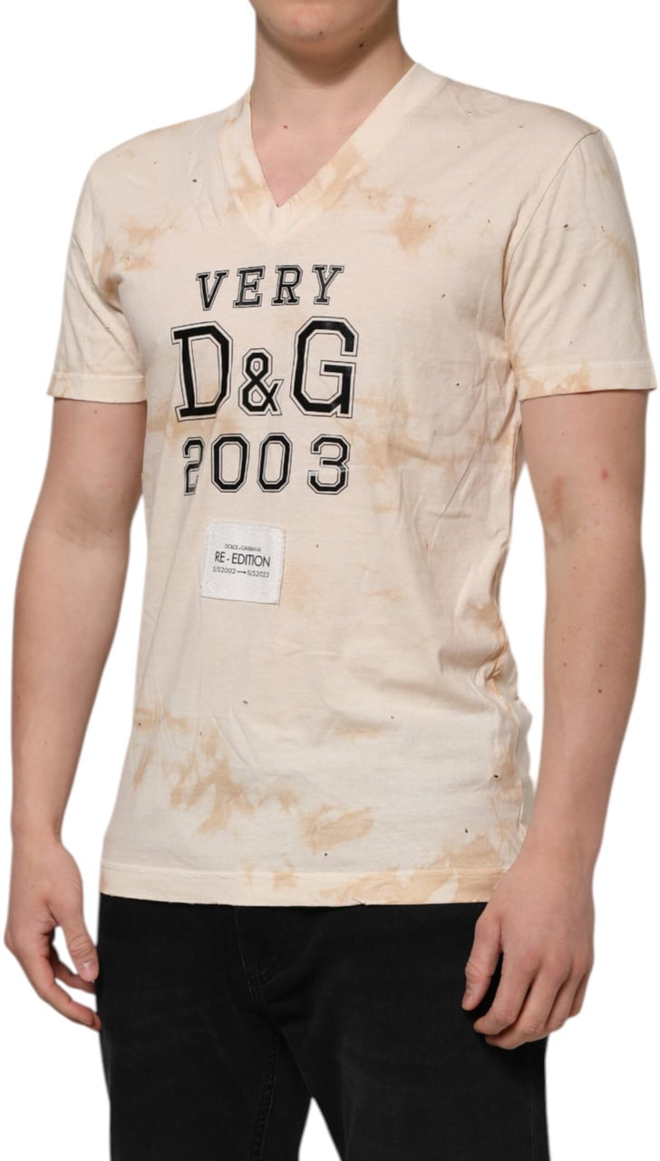 Dolce & Gabbana Beige Logo Print Short Sleeve V-neck T-shirt Beige