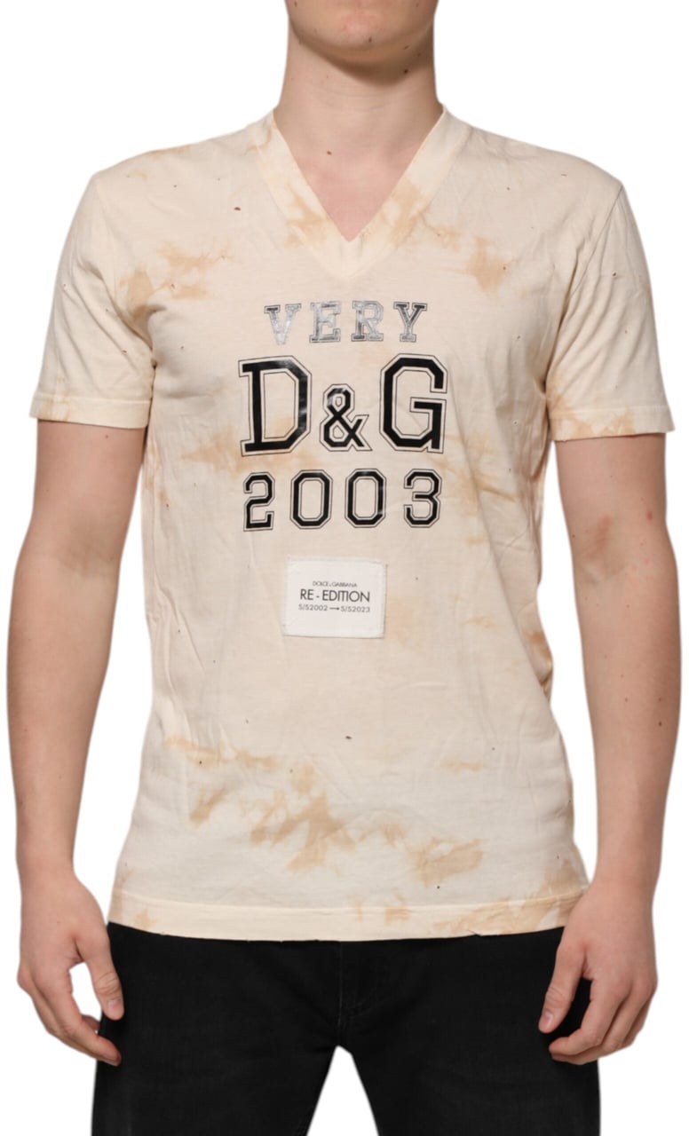 Dolce & Gabbana Beige Logo Print Short Sleeve V-neck T-shirt Beige