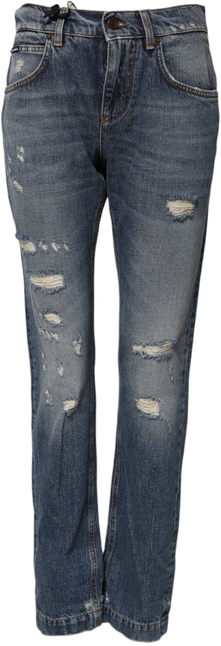 Dolce & Gabbana Blue Cotton Tattered Mid Waist Denim Jeans Blauw