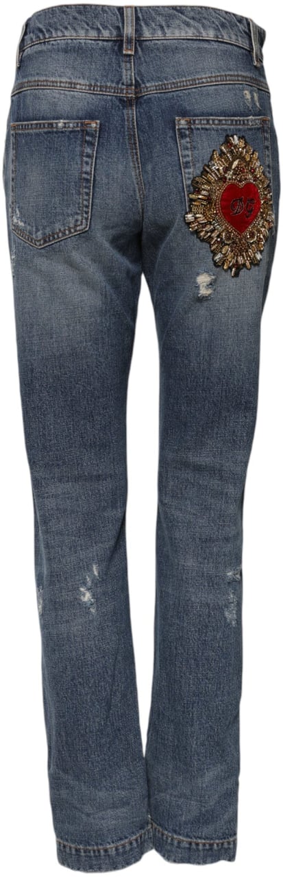 Dolce & Gabbana Blue Cotton Tattered Mid Waist Denim Jeans Blauw