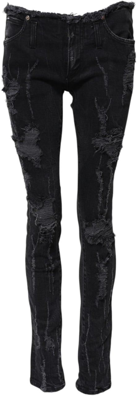 Dolce & Gabbana Black Cotton Tattered Skinny Denim Jeans Zwart