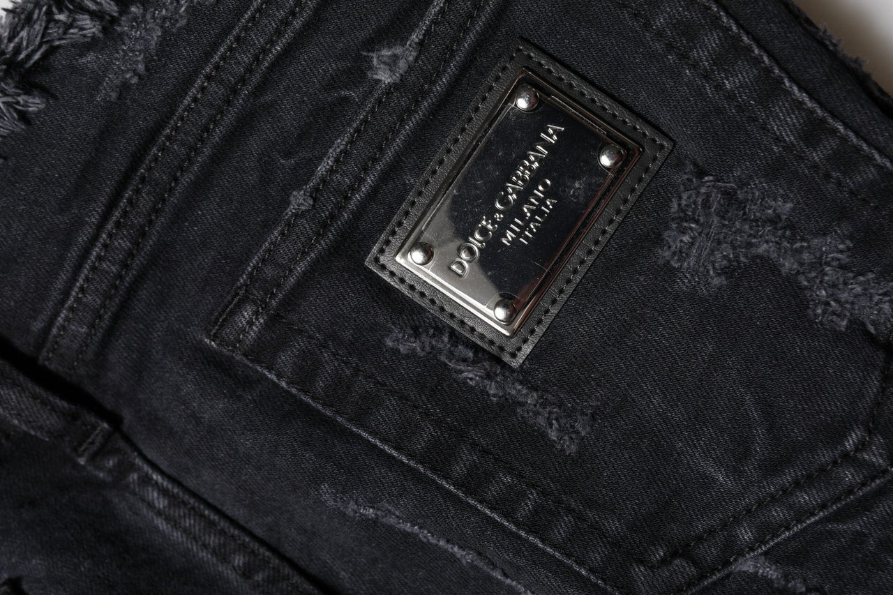 Dolce & Gabbana Black Cotton Tattered Skinny Denim Jeans Zwart
