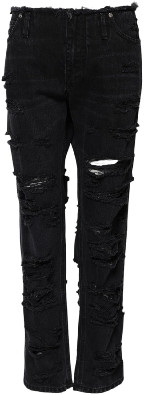 Dolce & Gabbana Black Cotton Tattered Mid Waist Denim Jeans Zwart