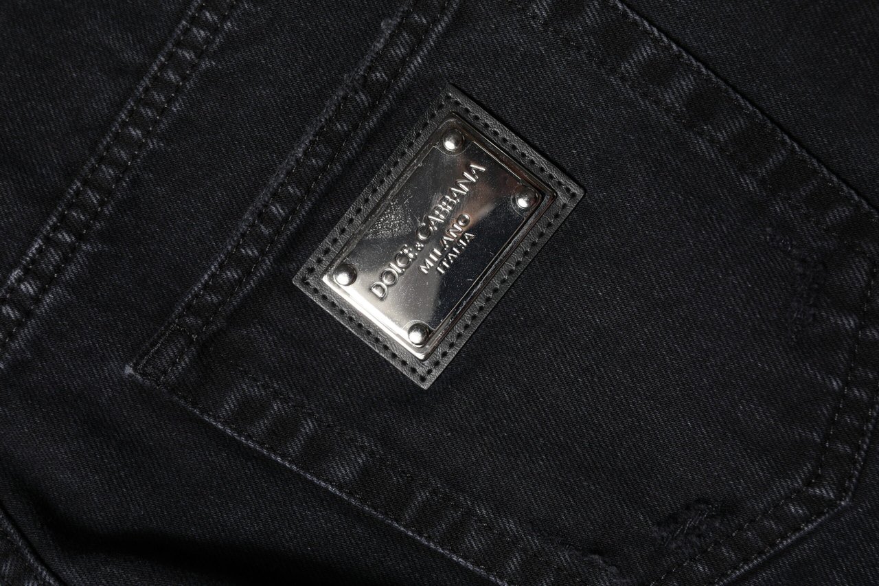 Dolce & Gabbana Black Cotton Tattered Mid Waist Denim Jeans Zwart