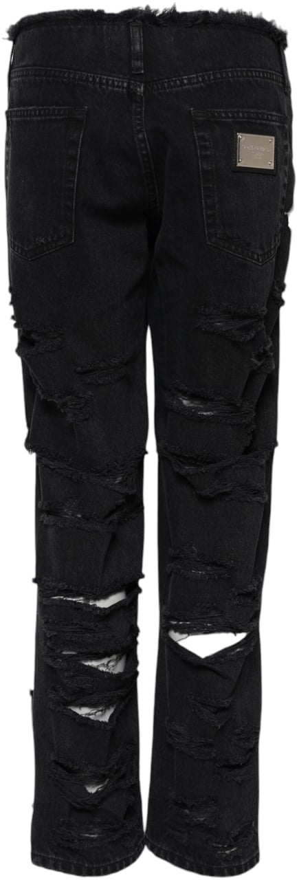 Dolce & Gabbana Black Cotton Tattered Mid Waist Denim Jeans Zwart