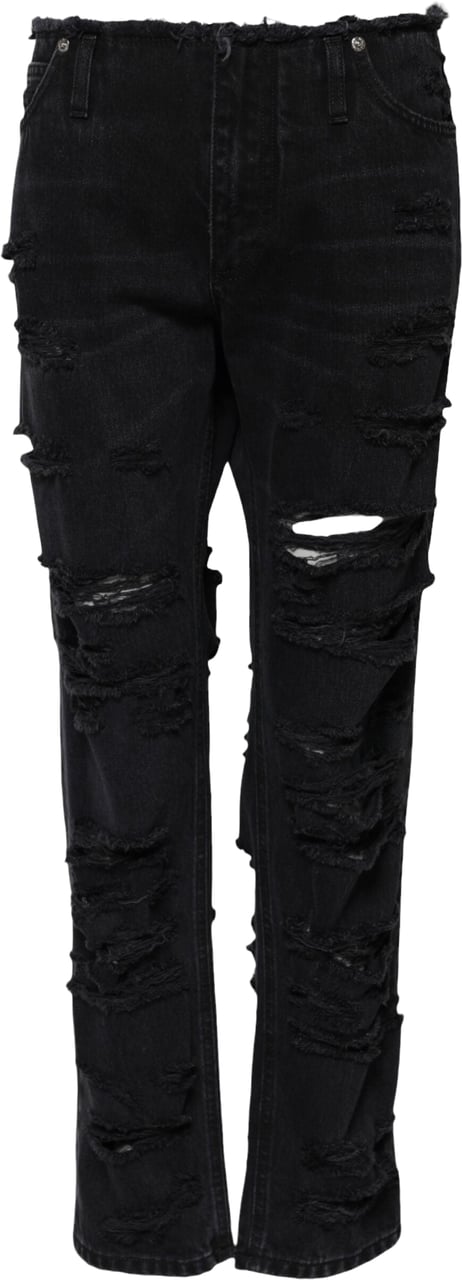 Dolce & Gabbana Black Cotton Tattered Mid Waist Denim Jeans Zwart