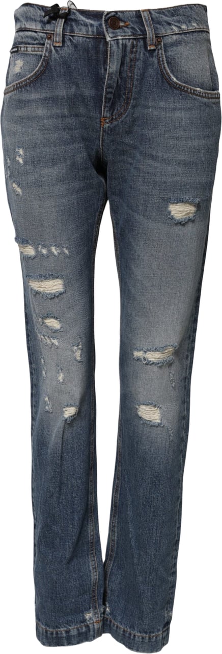 Dolce & Gabbana Blue Cotton Boyfriend Tattered Denim Jeans Blauw