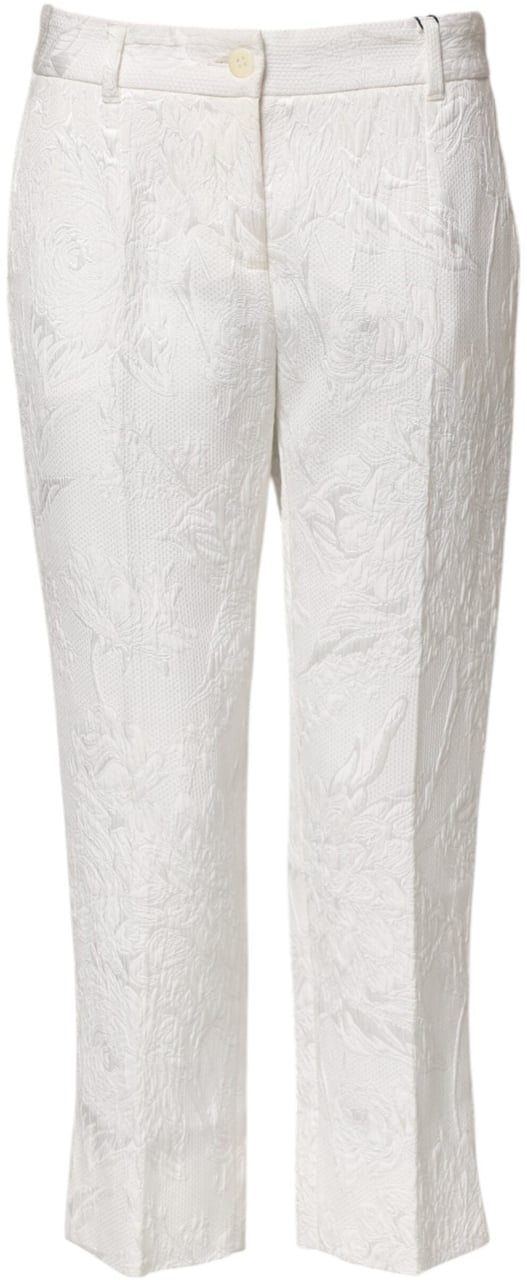 Dolce & Gabbana White Cotton Floral Jacquard Pants Wit