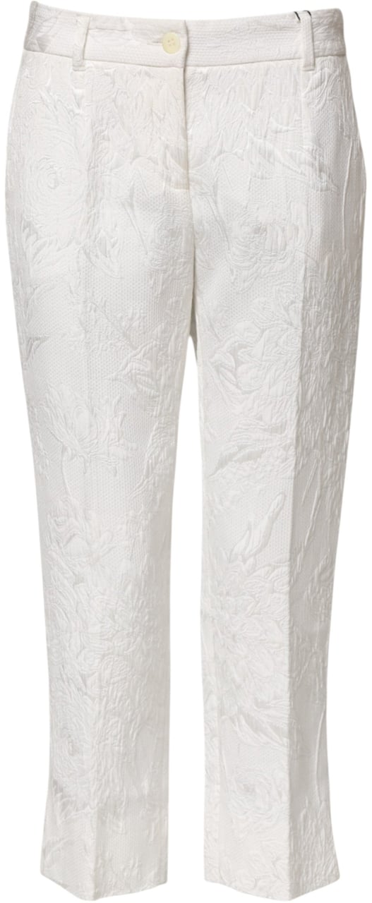 Dolce & Gabbana White Cotton Floral Jacquard Pants Wit
