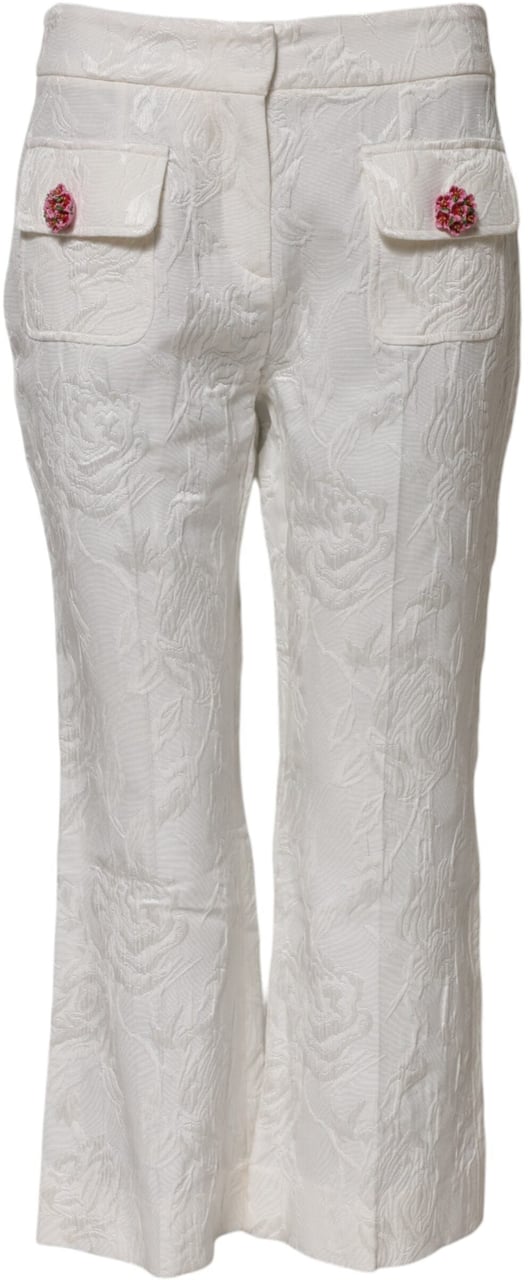 Dolce & Gabbana White Cotton Floral Jacquard Pants Wit