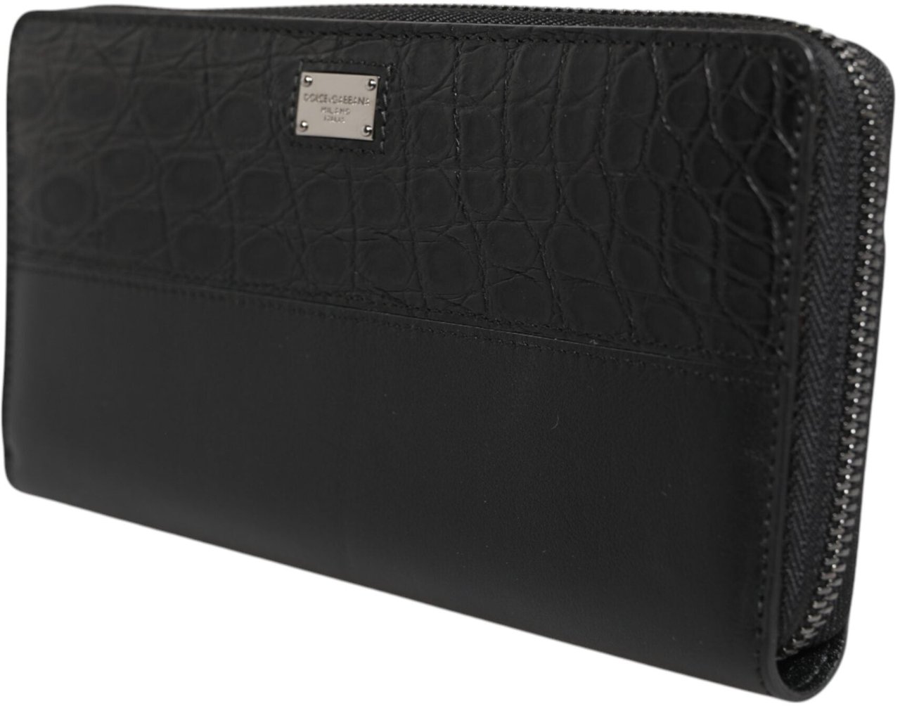 Dolce & Gabbana Black Leather Logo Plaque Zip Around Continental Wallet Zwart