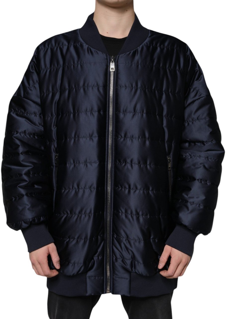 Dolce & Gabbana Dark Blue Quilted Full Zip Bomber Jacket Blauw