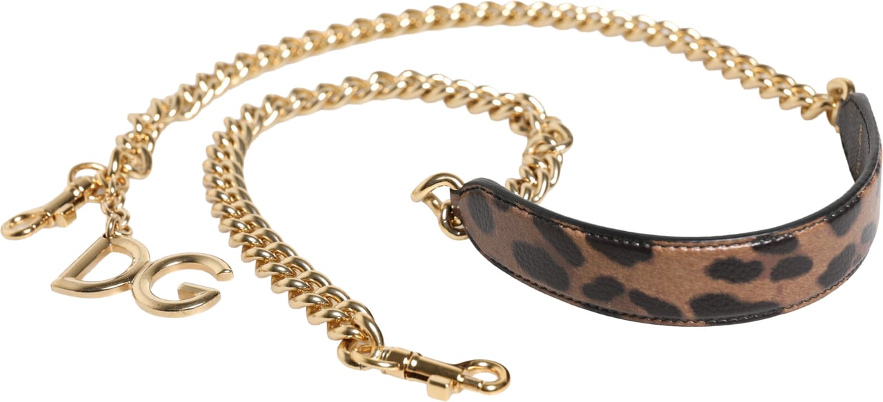 Dolce & Gabbana Brown Leopard Gold Brass Chain Accessory Shoulder Strap Grijs