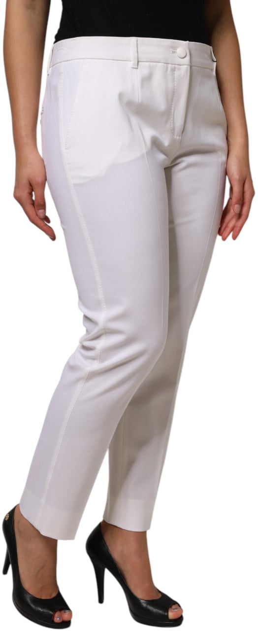 Dolce & Gabbana White Wool Mid Waist Tapered Pants Wit