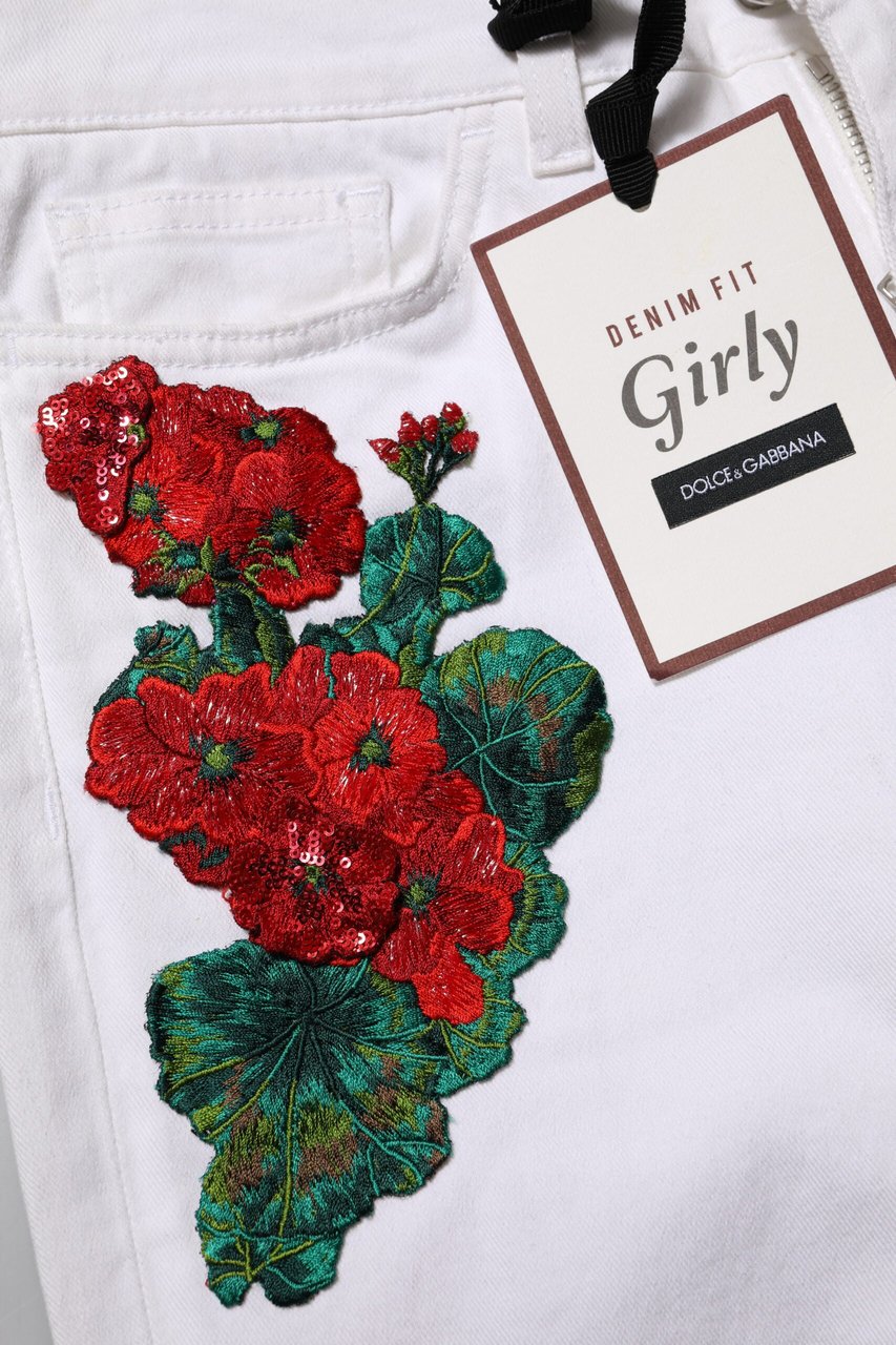 Dolce & Gabbana White Floral Embroidery GIRLY Denim Jeans Wit