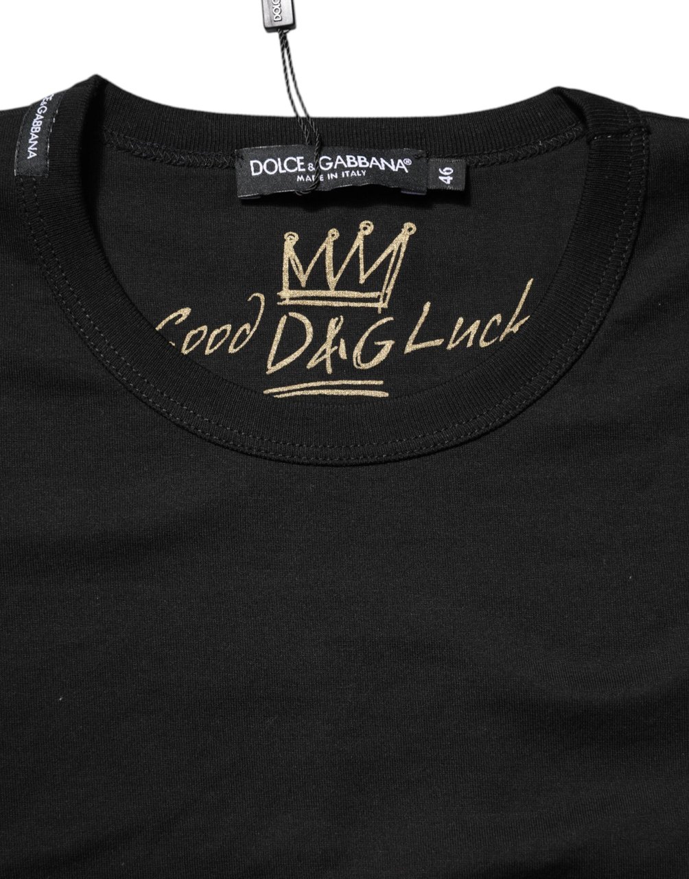 Dolce & Gabbana Black Cotton Goodluck Tee Crew Neck T-shirt Zwart