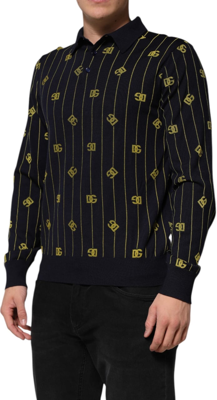Dolce & Gabbana Black Logo Jacquard Knitted Polo Shirt T-shirt Zwart