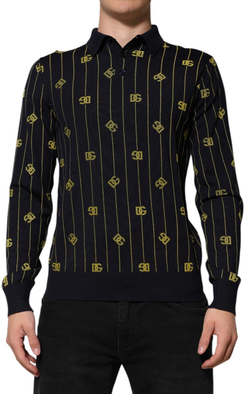 Dolce & Gabbana Black Logo Jacquard Knitted Polo Shirt T-shirt Zwart