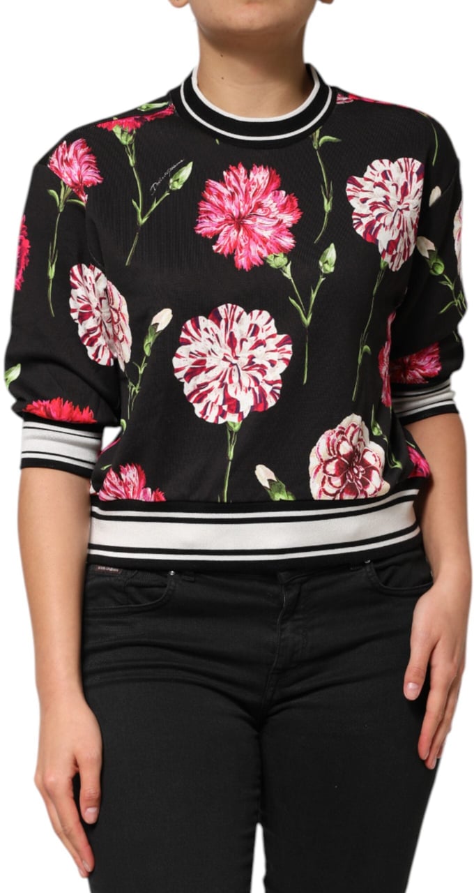 Dolce & Gabbana Black Floral Print Cotton Short Sleeves Top Zwart