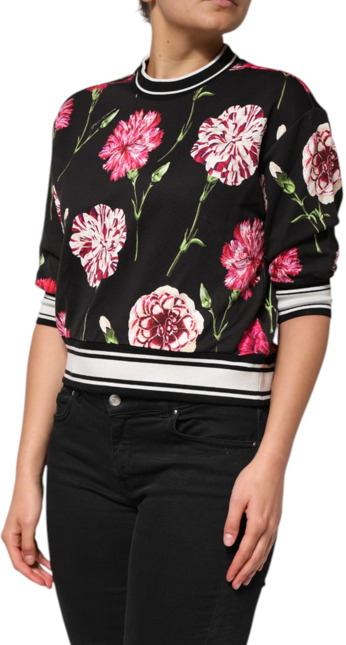 Dolce & Gabbana Black Floral Print Cotton Short Sleeves Top Zwart