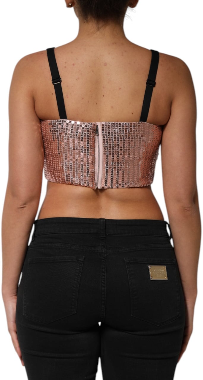Dolce & Gabbana Pink Sequined Nylon Sleeveless Cropped Top Roze