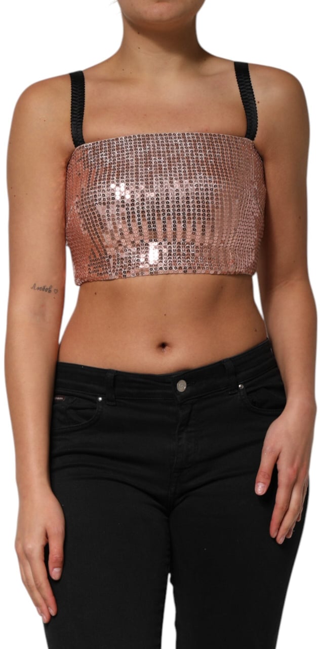 Dolce & Gabbana Pink Sequined Nylon Sleeveless Cropped Top Roze